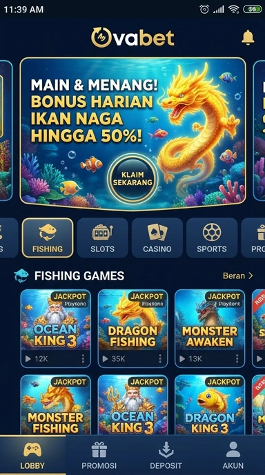 Tampilan antarmuka utama aplikasi ovabet.